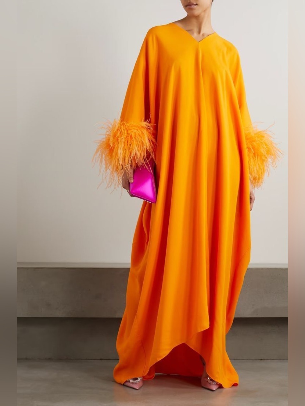 TALLER MARMO Gala Feather Crepe Maxi Kaftan Dress in Orange One Size